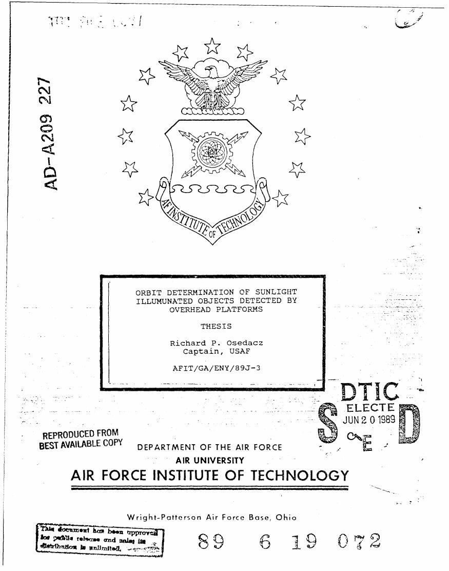 Cover of the 1989 AFIT thesis 'Orbit Determination of Sunlight Illuminated Objects Detected by Overhead Platforms' (Capt. Richard P. Osedacz), one of the two papers NORTHCOM released.