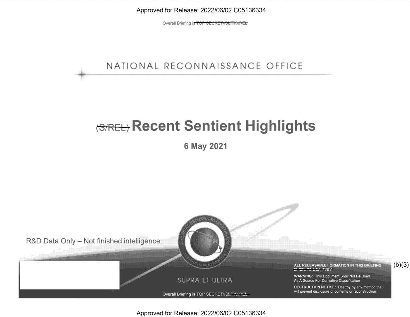 Cover page of the NRO briefing 'Recent Sentient Highlights', 6 May 2021, approved for release 2 June 2022 (C05136334).