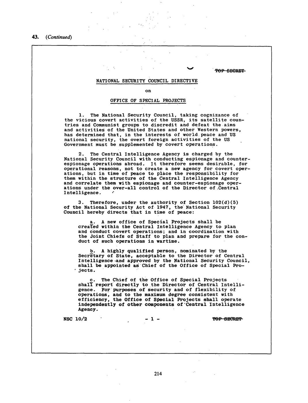 First page of the NSC 10/2 directive on the Office of Special Projects, June 18, 1948, as reproduced in CIA Cold War Records: The CIA under Harry Truman (1994), p. 214.