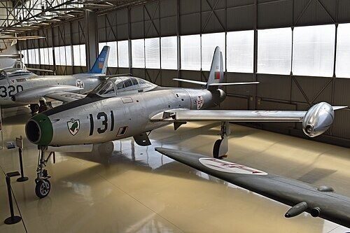 Context: a Portuguese Air Force Republic F-84G Thunderjet preserved at the Museu do Ar, Sintra (photo 2022) — the type flown from Ota by Capt. José Lemos Ferreira's four-ship formation in 1957. Not one of the aircraft involved.