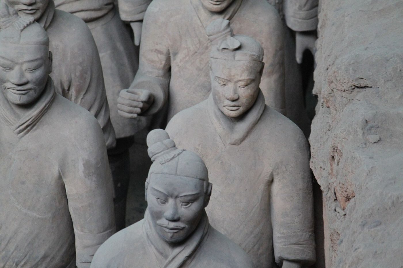 Terracotta soldiers in Pit 1, part of the First Emperor's burial complex near Xi'an. The unexcavated tomb mound lies about 1.5 km to the west (2011).