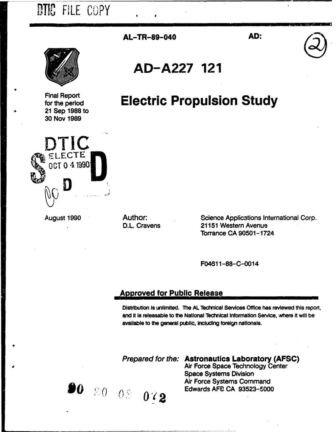 Cover of the Electric Propulsion Study (AL-TR-89-040, DTIC AD-A227 121) by D. L. Cravens of SAIC for the Air Force Astronautics Laboratory at Edwards AFB, August 1990.