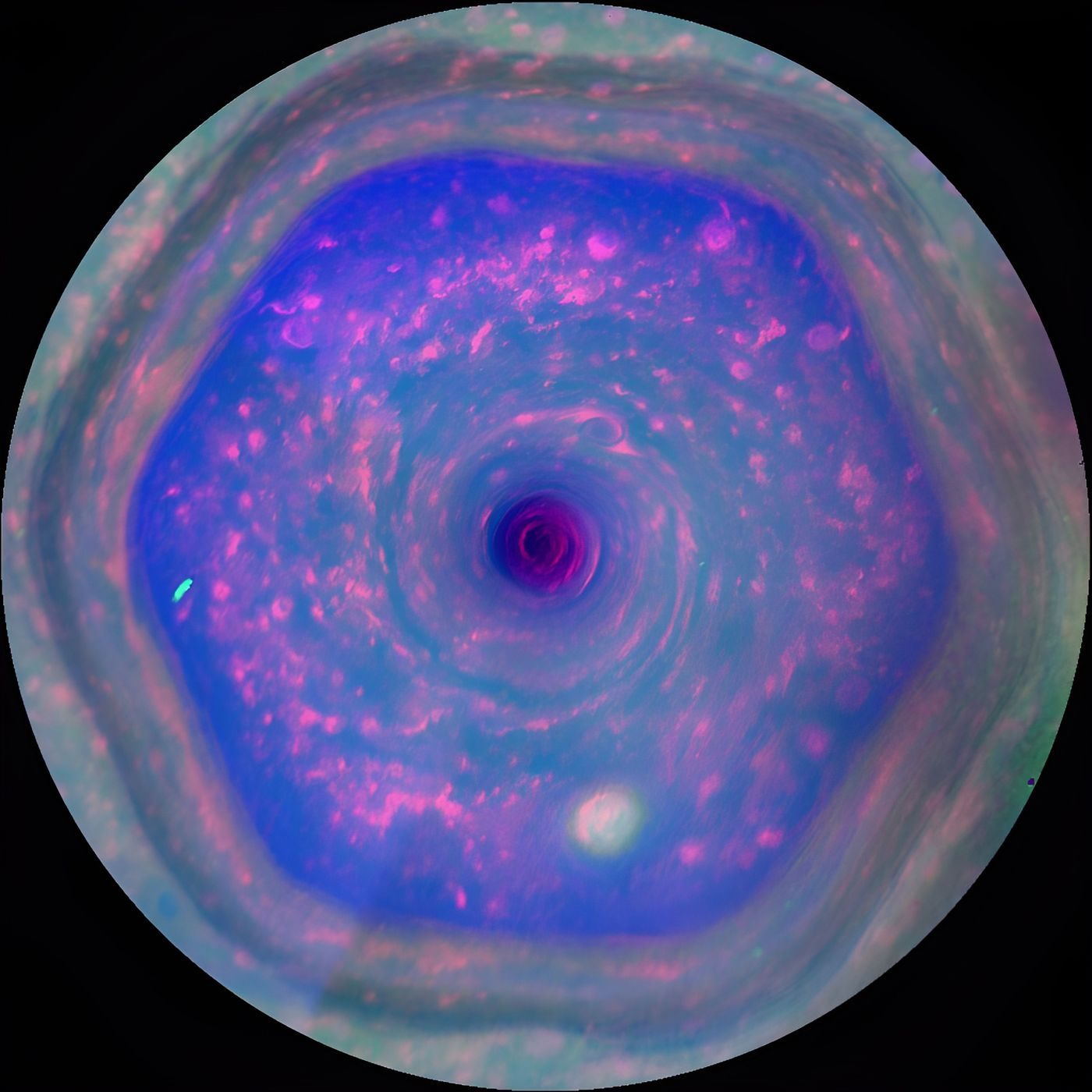 Saturn's north polar hexagon seen by Cassini (false colour), a six-sided jet stream about 30,000 km across.
