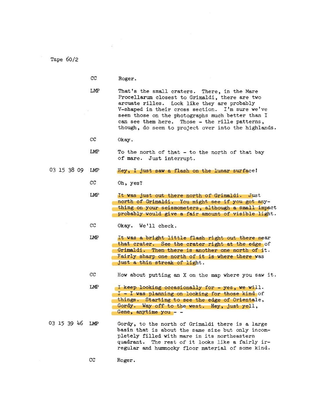 NASA air-to-ground transcript page at 03 15 38 09 GET in which Harrison Schmitt reports a bright little flash just north of Grimaldi and asks Houston to check the seismometers. The yellow highlighting is in the released file.