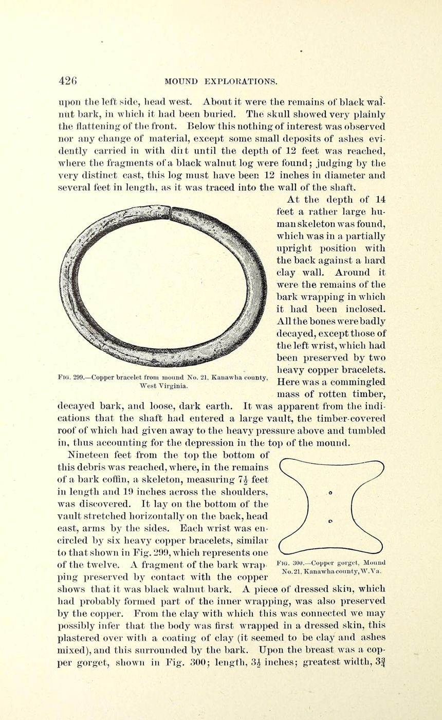 Page 426 of Cyrus Thomas's 1894 Report on the Mound Explorations (12th BAE Annual Report): Mound No. 21, Kanawha County, West Virginia, where a skeleton 'measuring 7½ feet in length and 19 inches across the shoulders' is described with copper bracelets and a gorget.