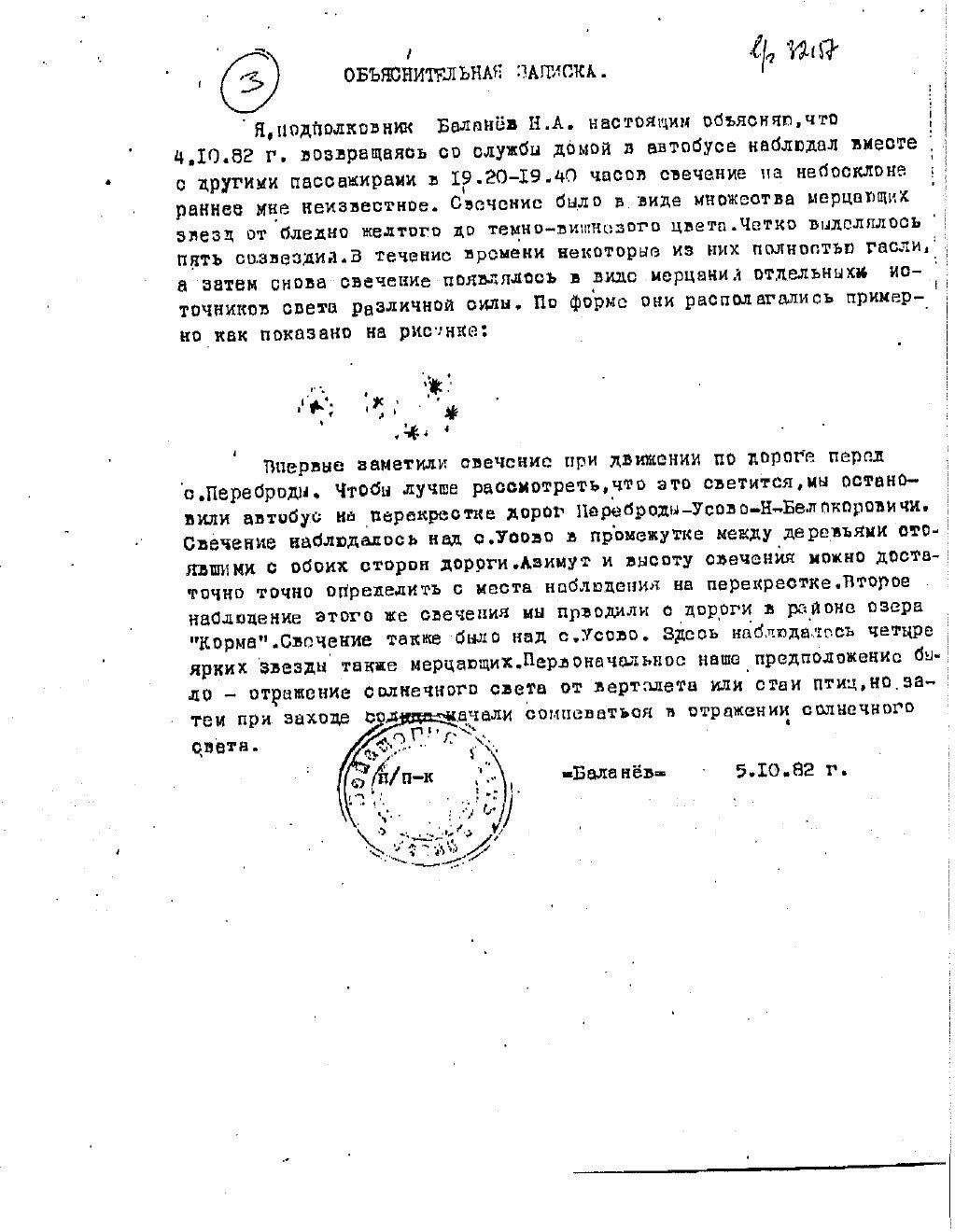 Document: explanatory statement by Lt-Col N.A. Balanyov dated 5 Oct 1982, with a unit stamp. He says that on 4 Oct 1982, 19:20-19:40, riding home in a bus with other passengers, he saw groups of twinkling lights over the village of Usovo, near the crossroads of the Perebrody-Usovo-N. Belokorovichi road. Page 3 of the Russian file that KLAS/George Knapp published in Jan 2026; the officers' statements are the source of version A. Authenticity rests on Knapp's chain; the original is not otherwise public.