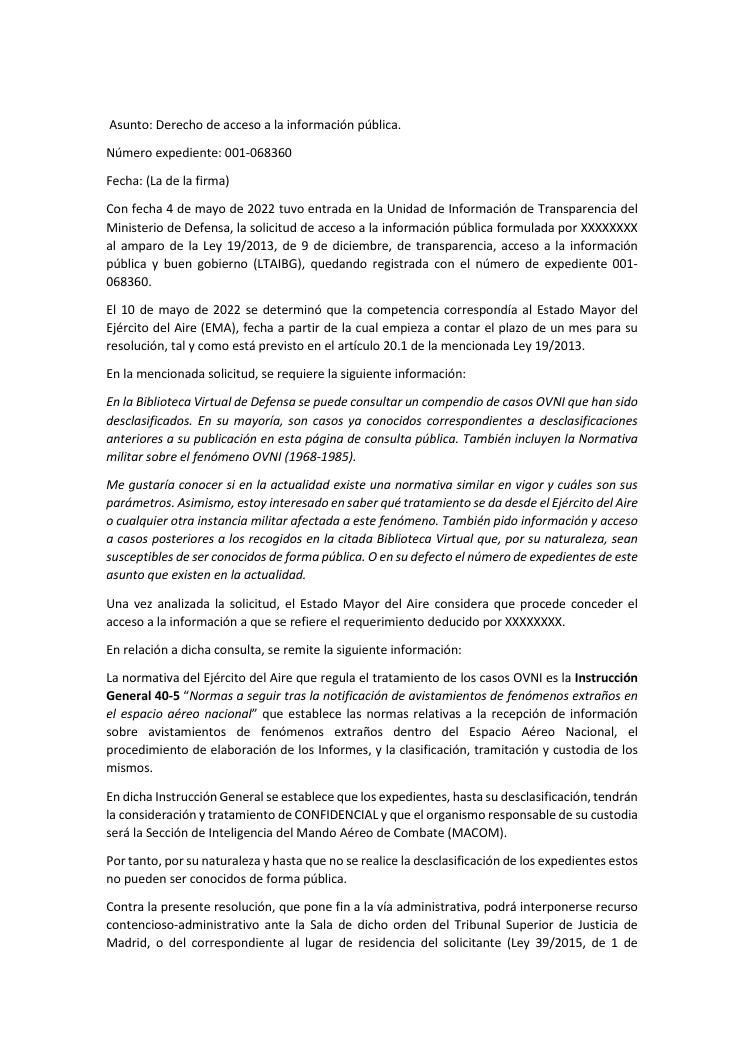 First page of Defence Ministry transparency resolution 001-068360 (2022): Instrucción General 40-5 governs UFO reports, and files stay CONFIDENCIAL in the custody of the MACOM intelligence section until declassified.