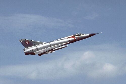 Context: Swiss Air Force Mirage IIIS J-2329 taking off at Dübendorf, 1984 — the type flown by the pilots who reported the 'snake' light over Interlaken in February 1971. Not the aircraft involved.