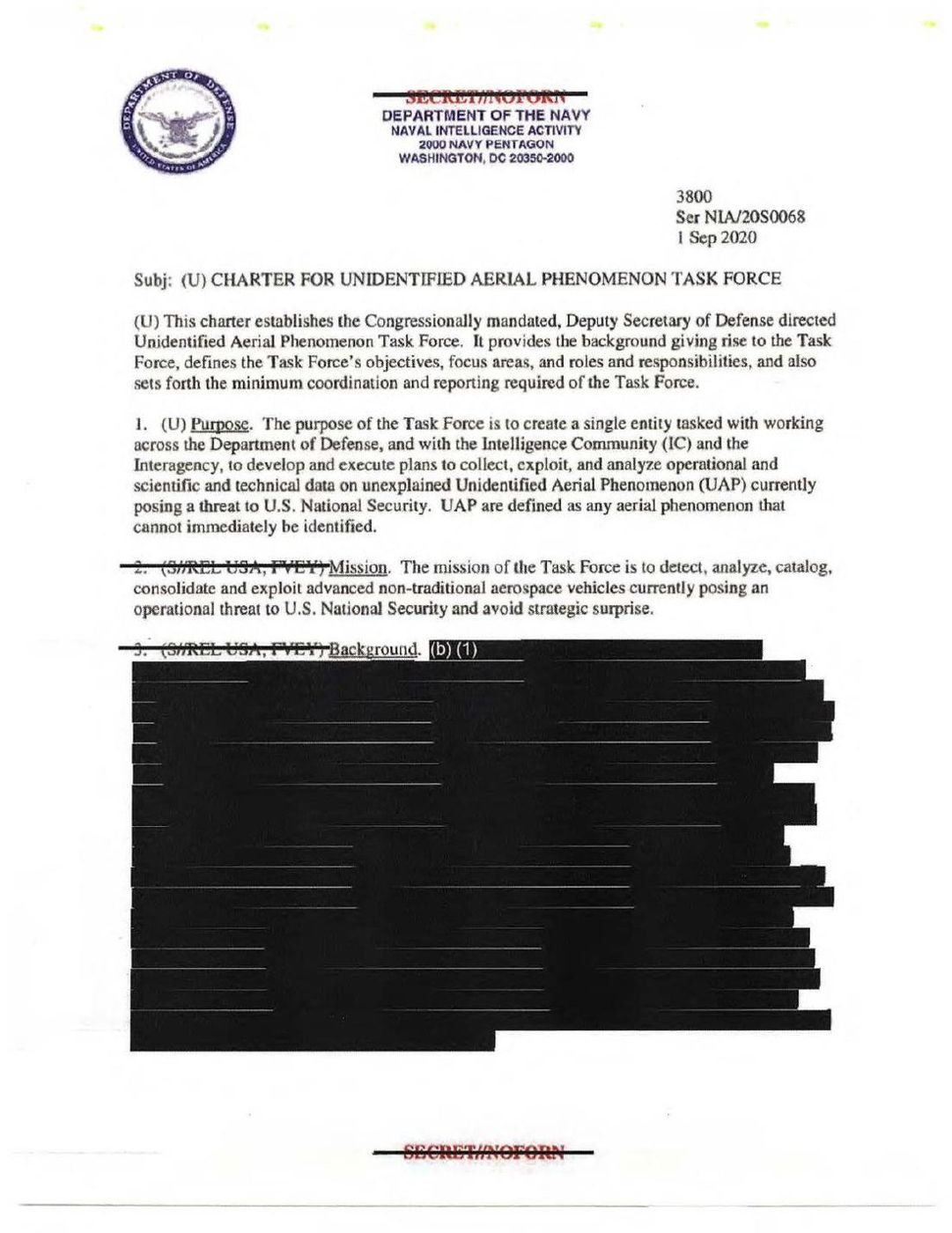 "Charter for Unidentified Aerial Phenomenon Task Force", Naval Intelligence Activity, 1 Sep 2020 (first page, declassified with redactions). It sets the mission: "detect, analyze, catalog, consolidate and exploit advanced non-traditional aerospace vehicles".