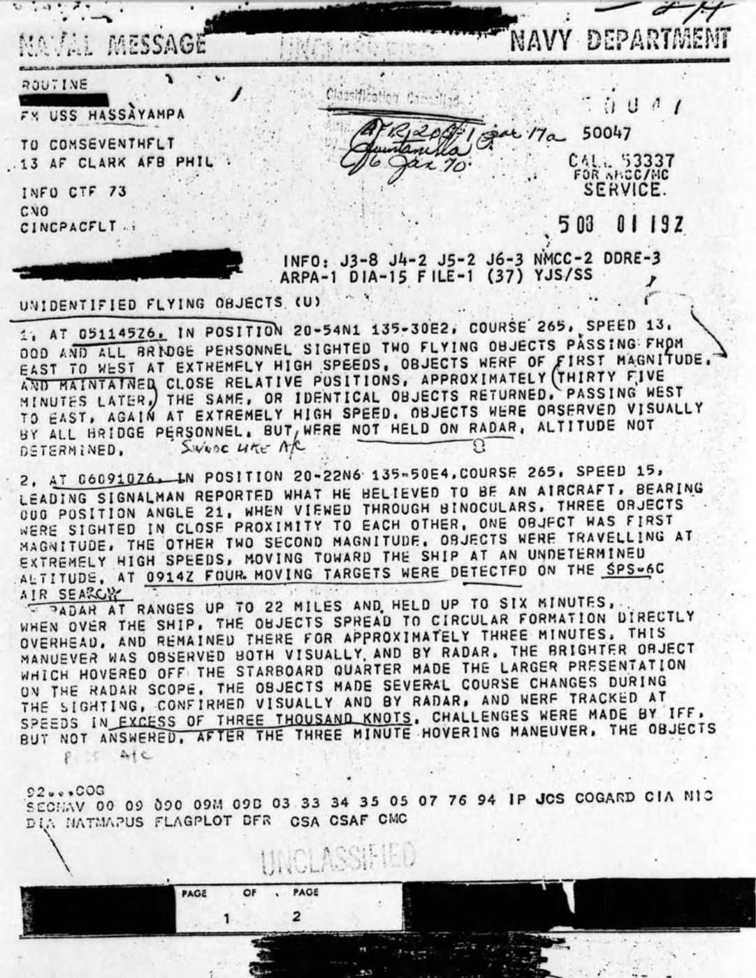 Primary document: page 1 of the naval message FM USS HASSAYAMPA TO COMSEVENTHFLT and 13 AF Clark AFB, 'UNIDENTIFIED FLYING OBJECTS (U)'. Para 1: two first-magnitude objects at 051145Z passing E-W at extremely high speed, not held on radar. Para 2: at 0914Z four moving targets on the SPS-6C air-search radar at up to 22 miles, circular formation directly overhead for about three minutes, seen visually and on radar, tracked 'in excess of three thousand knots', IFF unanswered. Distribution includes JCS, CIA, NIC, DIA. Blue Book file copy with handwritten annotations.