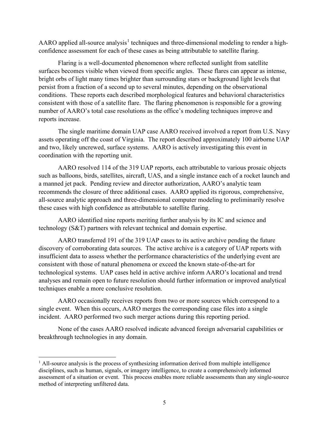 Page 5 of AARO's FY2025 annual report, recording the single maritime case: US Navy assets off Virginia reported about 100 airborne UAP and two likely uncrewed surface systems, and AARO says it is actively investigating.