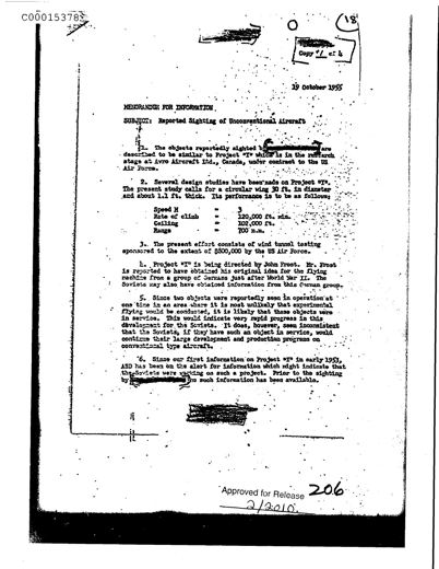 CIA memo "Reported Sighting of Unconventional Aircraft" (19 Oct 1955)