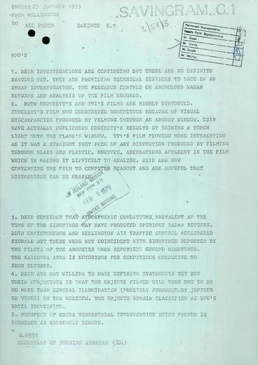 NZ Foreign Affairs savingram on the UFOs (23 Jan 1979)