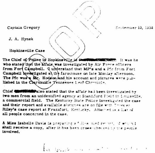 J. Allen Hynek memo to Capt. Gregory, 10 Sep 1958