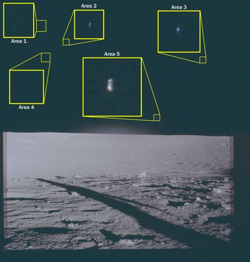 Apollo 12 photo with five areas marked (1969)