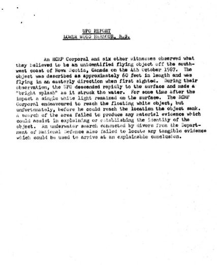 DND memorandum: UFO report, Lower Wood Harbour, N.S. (Oct 1967)