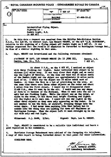 RCMP report with Capt. Mersey's statement, 7 Oct 1967