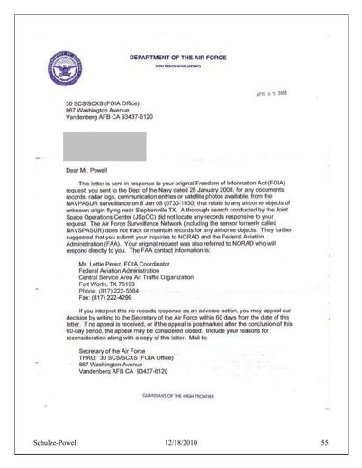 Air Force FOIA reply on space-surveillance records (April 2008)