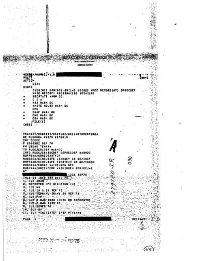 USDAO Tehran teletype to DIA, page 1 (23 Sept 1976)