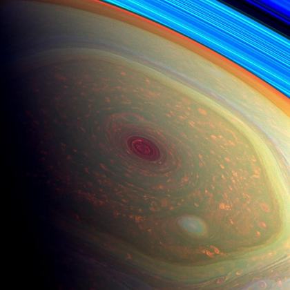 Cassini false colour, 2012: the eye of the polar storm
