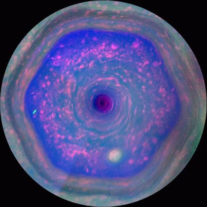 Cassini false colour, 2012–13: the full hexagon and the central storm