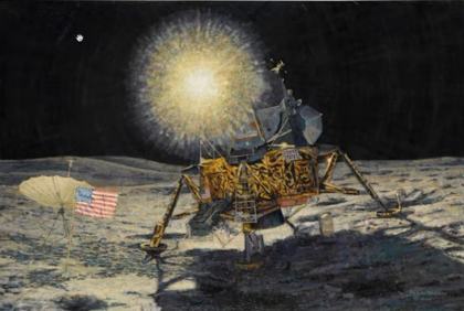 Reality Check with Max Derakhshani, 1:37:26. Alan Bean's 1984 painting of Apollo 14 with lights in the sky.