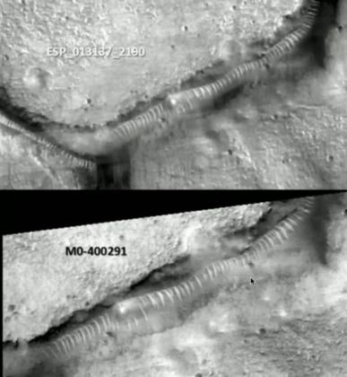 Reality Check with Max Derakhshani, 49:22. The same site in HiRISE ESP_013137_2190 next to the MGS frame.