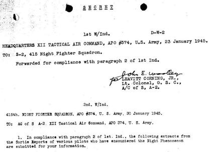 Opening of the secret 415th Night Fighter Squadron indorsement of 30 January 1945 to XII Tactical Air Command, which submitted extracts from pilots' sortie reports on the "Night Phenomenon" (foo fighters). Scan of the wartime document (partial).