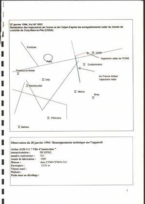 Primary document. SEPRA/CNES report page: reconstruction of the Airbus A320 F-GFKG track and the unknown object's radar track from the Cinq-Mars-la-Pile (CODA) recordings, near Coulommiers, with the aircraft's technical data.