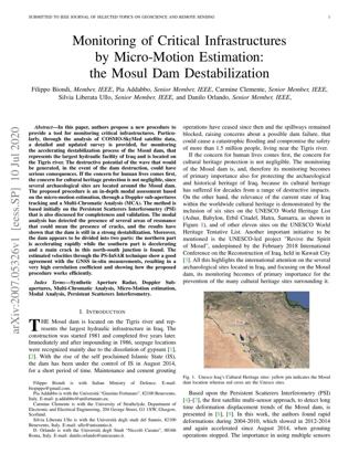 First page of the preprint 'Monitoring of Critical Infrastructures by Micro-Motion Estimation: the Mosul Dam Destabilization' (arXiv, July 2020).
