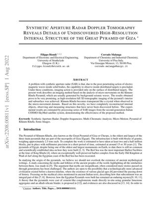 First page of the preprint 'Synthetic Aperture Radar Doppler Tomography Reveals Details of Undiscovered High-Resolution Internal Structure of the Great Pyramid of Giza' (arXiv, August 2022).