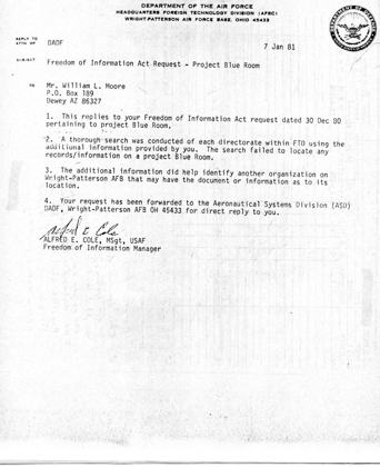 Foreign Technology Division reply of 7 January 1981 to William L. Moore on 'Project Blue Room': no records found in FTD, request forwarded to the Aeronautical Systems Division.