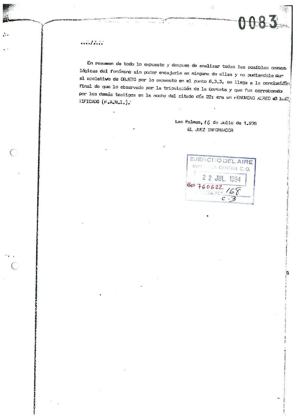 Doc. 0083, last page of the juez informador's report (Las Palmas, 16 July 1976): "lo observado por la tripulación de la Corbeta y que fue corroborado por los demás testigos... era un FENÓMENO AÉREO NO IDENTIFICADO (F.A.N.I.)". Declassified 1994.