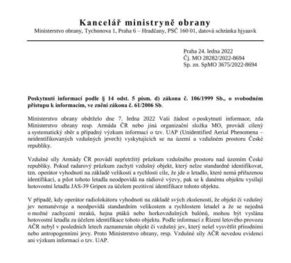 Czech MoD FOI reply Čj. MO 28282/2022-8694, 24 Jan 2022: Gripens may be sent to objects that do not match normal aircraft sizes and speeds; nothing unexplained recorded in recent years; no UAP register.