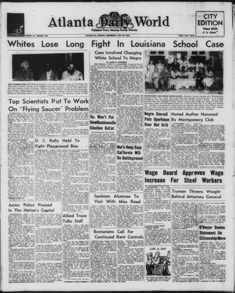 Front page of the Atlanta Daily World (Black-owned daily) with the two-column headline 'Top Scientists Put To Work On "Flying Saucer" Problem' (International News Service, datelined Washington). It says 'a new armada of mysterious objects zoomed over the Washington area Tuesday' and 'the Air Force put top scientific brains to work on the widespread, 1952 "flying saucer" puzzle', with Maj. Gen. John A. Samford taking personal charge and radar targets at Washington National Airport.