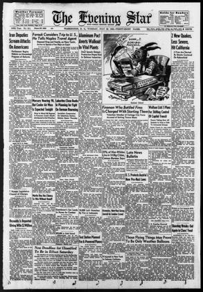 Front page of Washington's Evening Star on the day of Gen. Samford's Pentagon press conference. Bottom right: 'Those Flying Things May Prove To Be Only Weather Balloons' (Capt. Lawrence Berry of Camp Detrick suggests the lighted Air Weather Service balloons sent up from Andrews AFB), with a pointer to 'New Unidentified Objects Sighted on Airport Radar Screen Today. Page A-3'. The 28 July front page (Monday, after the second weekend) carried no saucer story.