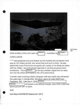 An artist's rendition of a black triangle from a case in the June 2009 monthly report (DOW-UAP-D171).