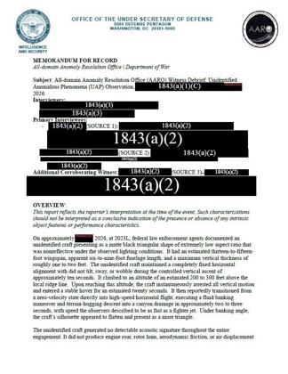 First page of AARO's memorandum for record on the witness debrief (DOW-UAP-D176).