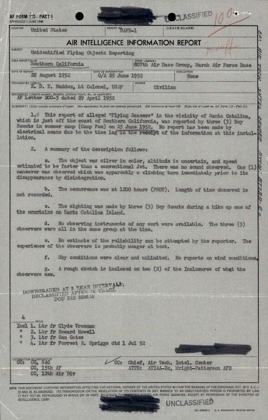 Unresolved UAP report, Catalina Island, 1952 (DOW-UAP-D179).