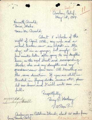 A 1949 witness letter from Catalina Island (DOW-UAP-D181).