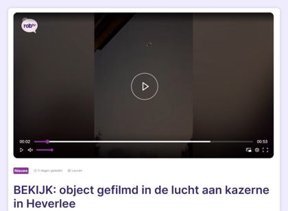 Screenshot of ROBtv video "object gefilmd in de lucht aan kazerne in Heverlee": small light in a dark sky. 2025-11-05 ~19:00 local, Military barracks, Heverlee (Leuven), Belgium. Status: VRT NWS Check: police helicopter G16 flight path over the Heverlee barracks around 19:00 matches; moon position also considered. Note: Identified as police helicopter by VRT.