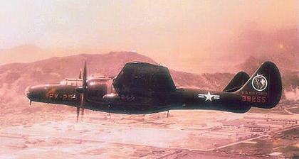 Context, not the event: a Northrop F-61B Black Widow of the 68th Fighter (All Weather) Squadron, the crew's unit, flying over Japan in 1949. The Commons file gives serial 43-8237; the tail appears to read 39255. Small (500 px) copy.
