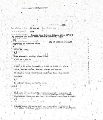 Primary document: the Blue Book data sheet (incident no. 183 in the early numbering) for 15 Oct 1948, 2305 local, 'Fukuoka area between Shigamo Shima and Fukae Shima', Japan: pip of unknown aircraft on airborne radar, six sightings, 20-30 ft long, 'like aircraft, stubby, clean lines', 5,000-7,000 ft, speed 200-1200, no exhaust flames or trails, 'high rate of acceleration, vertical ascent, cognizance of F-61's location at all times'.