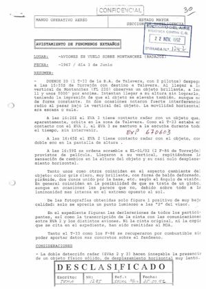 First page of the Mando Operativo Aéreo summary of file 670603 (Montánchez, Badajoz, 3 June 1967): T-33 "Duende 20", radar contacts by EVA 3 and EVA 2 with double echo, F-86 scramble with film. Declassified JEMA 1275, 25 Sep 1992.
