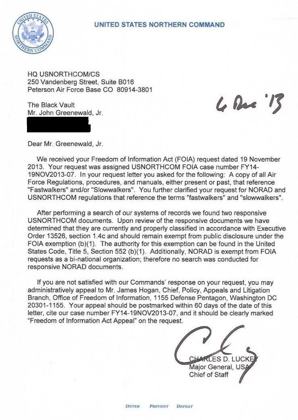 USNORTHCOM's December 2013 FOIA reply to The Black Vault: fast-walker records are 'currently and properly classified'.