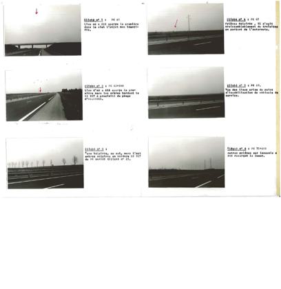 Gendarmerie site photographs (clichés 1–6) taken for PV 154/1982 along the A10: where the object was first seen (PK 61, red arrow), the lit pylons (PK 67), the stopping point of the patrol car (PK 69). Daylight photos of the places, not of the phenomenon.