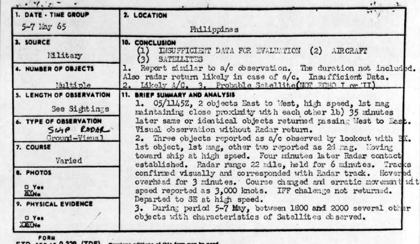 Primary document: Project Blue Book record card (FTD form 0-329) for 5-7 May 65, 'Philippines', source Military, type 'Ship Radar / Ground-Visual'. Conclusion: (1) insufficient data for evaluation, (2) aircraft, (3) satellites ('Probable Satellite (NOT ECHO I or II)'); the summary repeats the radar contact at 22 miles, 3-minute hover and 3,000-knot speed. Cropped to the card.