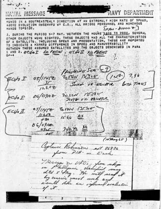 Primary document: page 2 of the Hassayampa naval message: the objects departed SE at extreme speed, 'above evolution observed by C.O., all bridge personnel and numerous hands topside'; para 3 on separate satellite-like objects 5-7 May 1800-2000. Blue Book's handwritten Echo I / Echo II pass check ('no passes') and a 14 May 65 note that Captain Robinson (DIA, Washington) wanted an informal evaluation.