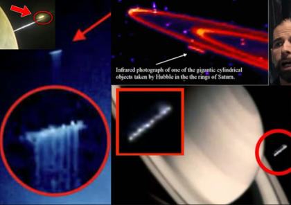 "Gigantic cylindrical object taken by Hubble" (collage, video grab)
