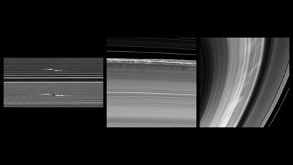 Propellers, tall B-ring edge structures and spokes (Cassini, video grab)